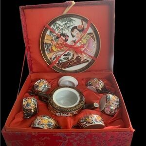 Vintage Chinese 9 Piece Miniature Tea Set in Red Silk Box
